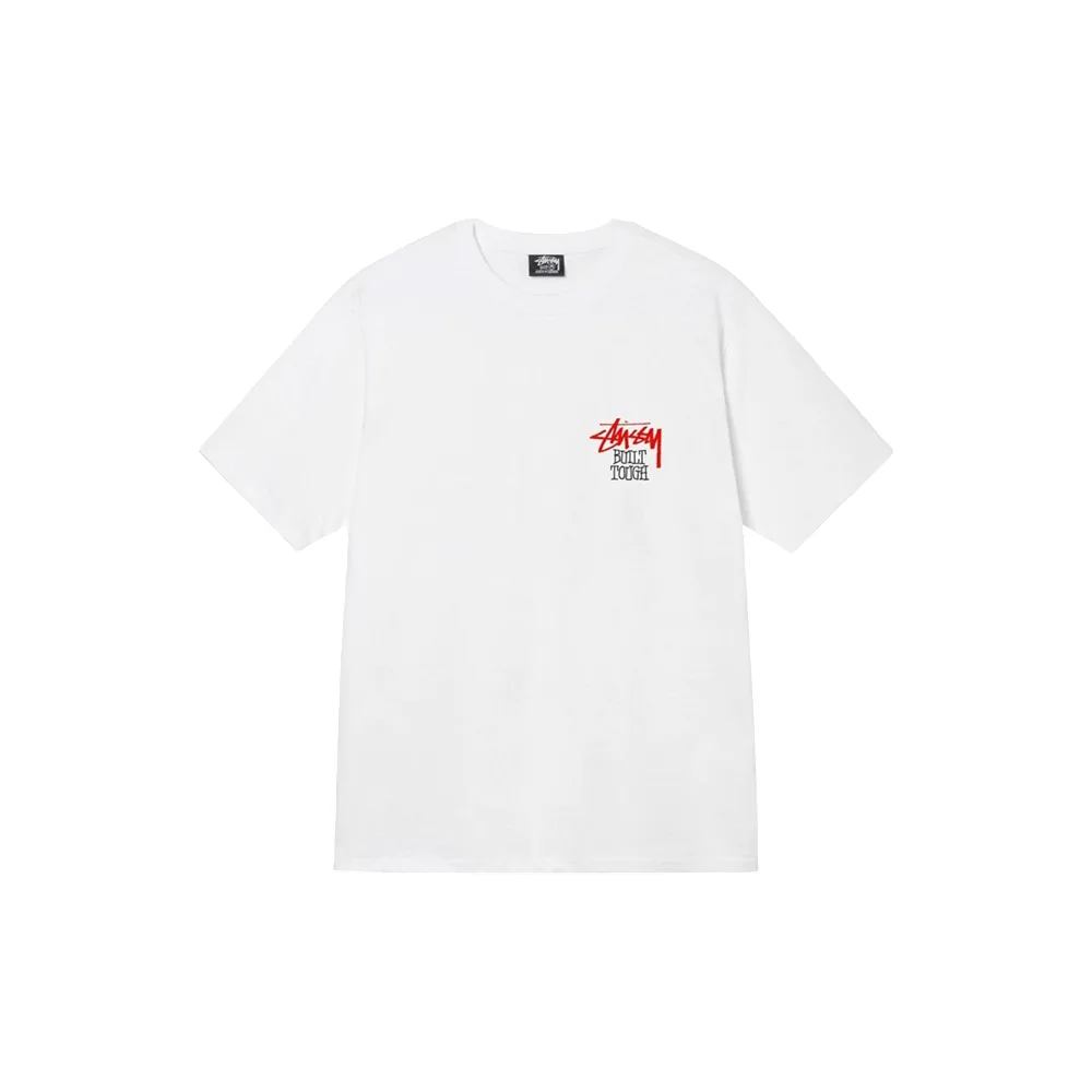Белая футболка Stussy Built Tough Tee с фирменным логотипом спереди, вид спереди, чистый белый цвет