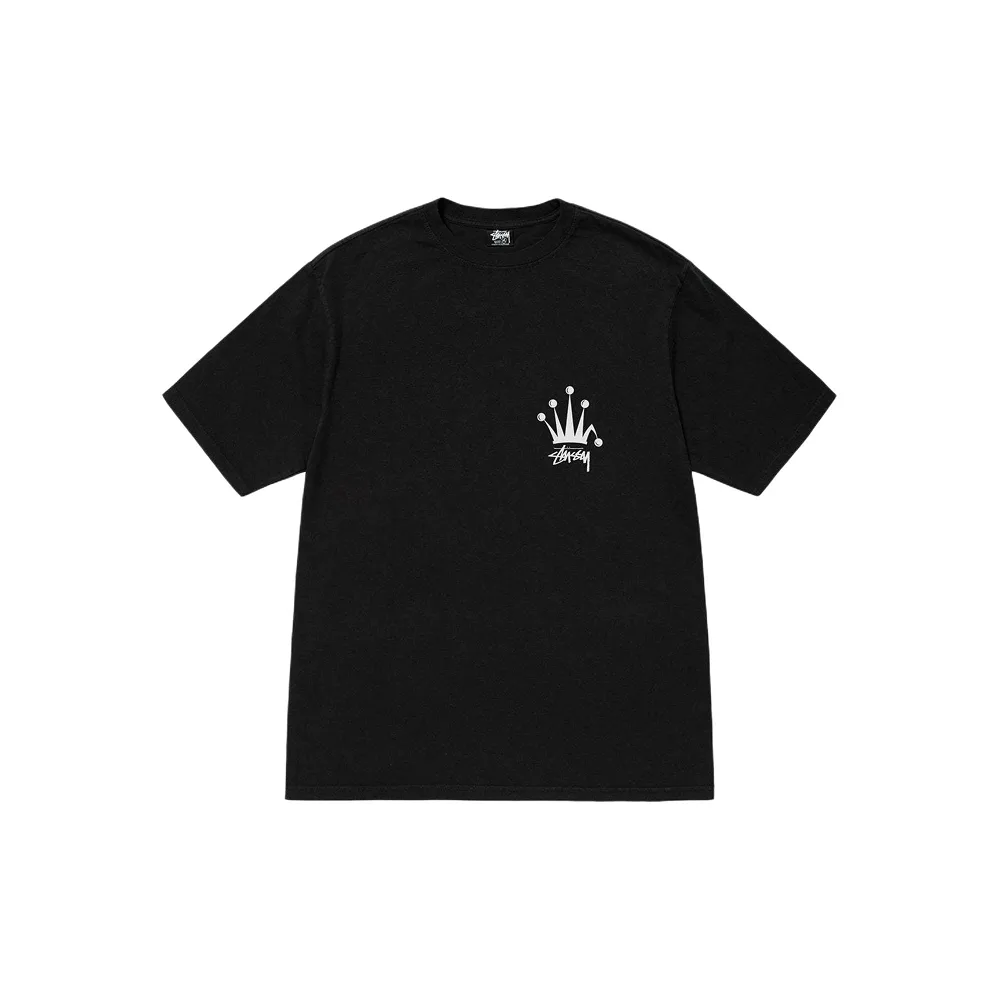 Черная футболка Stussy Regal Crown с красящим принтом, вид спереди, классический силуэт, логотип на груди