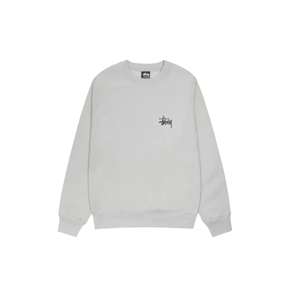 Свитшот Stussy Basic дымчатого цвета, вид спереди, классический крой, логотип на груди