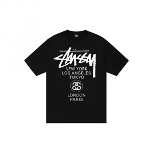 Чёрная футболка Stussy World Tour с фирменным логотипом, вид спереди, классический крой