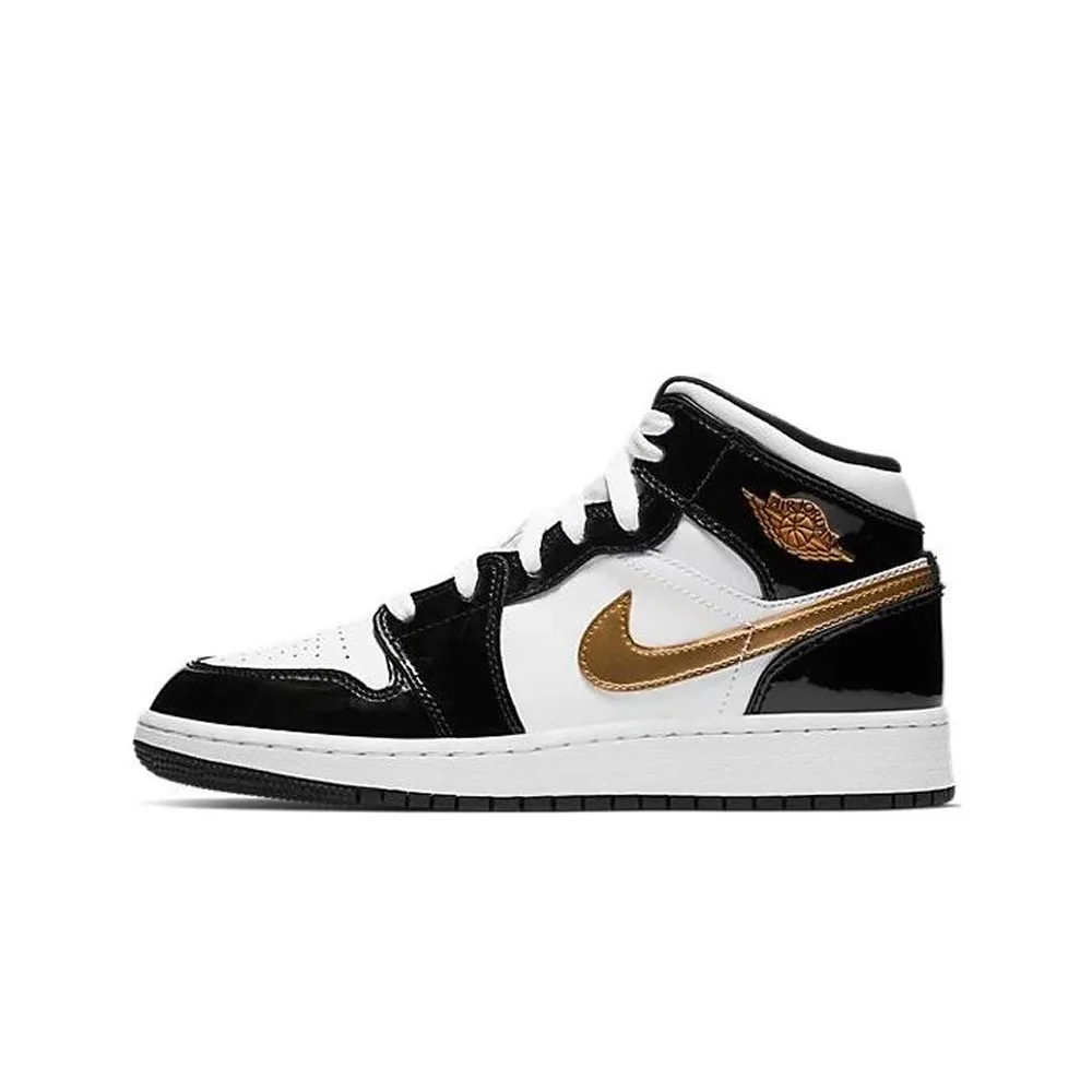 Кроссовки Nike Air Jordan 1 Mid Patent Black White Gold (GS) BQ6931-007