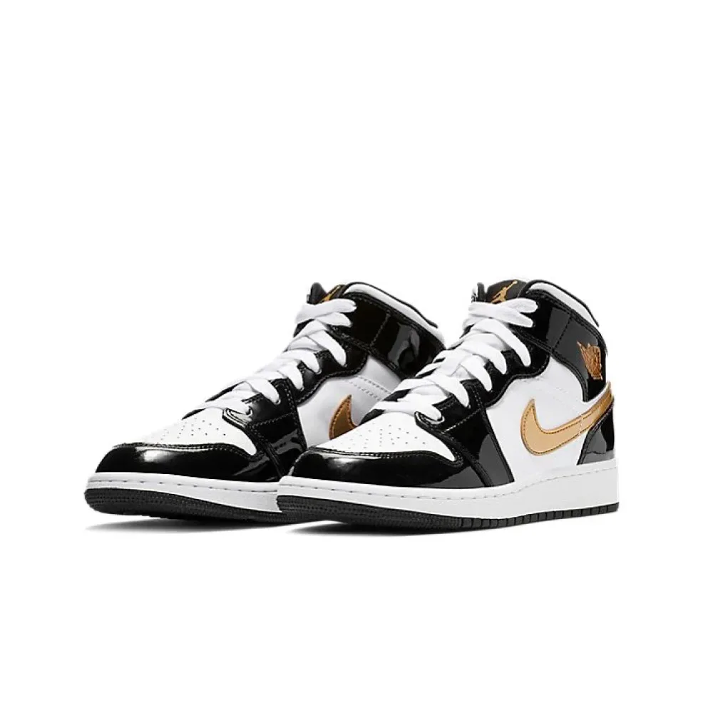 Кроссовки Nike Air Jordan 1 Mid Patent Black White Gold (GS) BQ6931-007