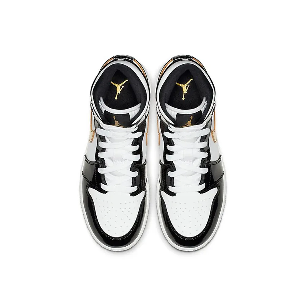 Кроссовки Nike Air Jordan 1 Mid Patent Black White Gold (GS) BQ6931-007