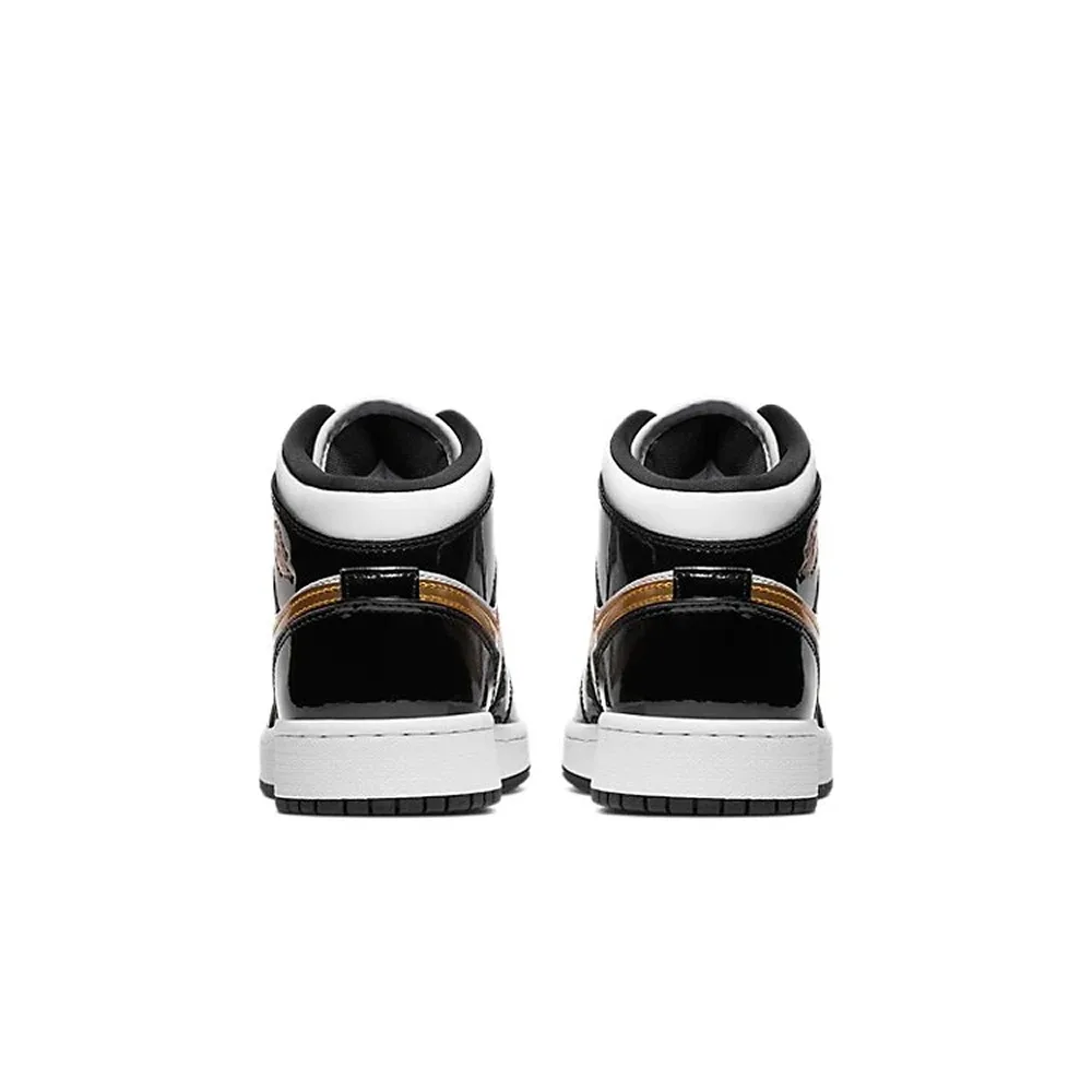 Кроссовки Nike Air Jordan 1 Mid Patent Black White Gold (GS) BQ6931-007