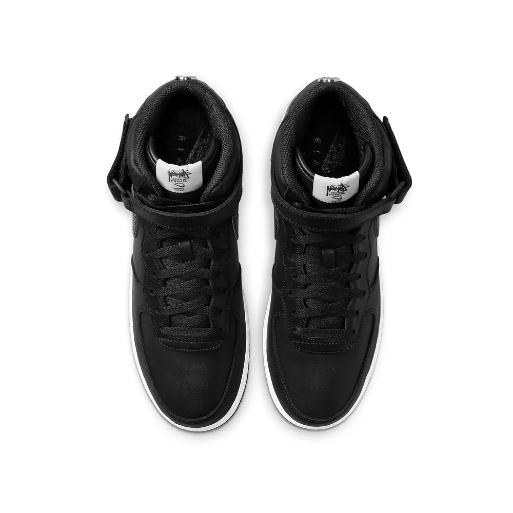 Air Force 1 Mid Stussy Black White, вид сверху, текстурированная кожа и ремешок на щиколотке