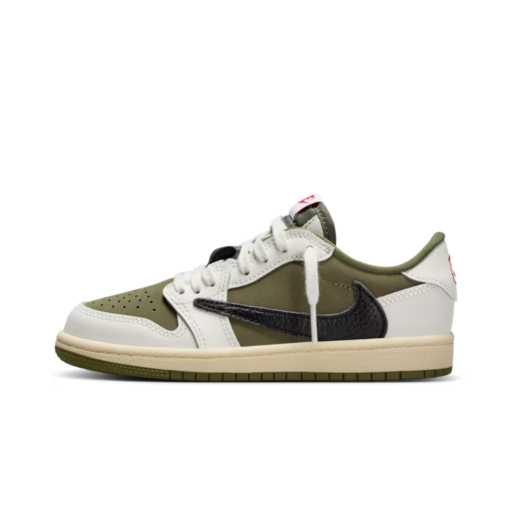 Кроссовки детские Nike х Travis Scott Cactus Jack Jordan 1 Low, Travis Scott Medium Olive (PS), стильные с оливковыми и белыми деталями