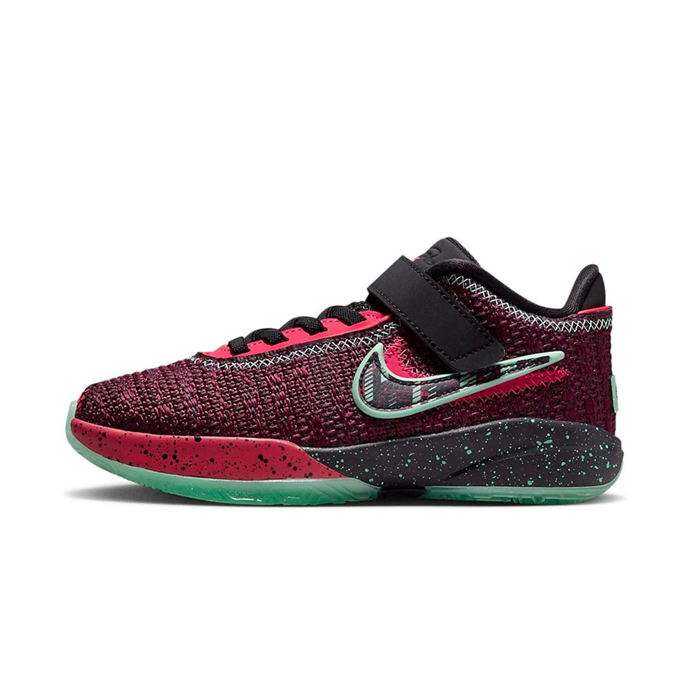 Кроссовки детские Nike LeBron 20, Night Maroon (PS) – яркие бордовые с зелёной подошвой, текстильный верх, для активных игр