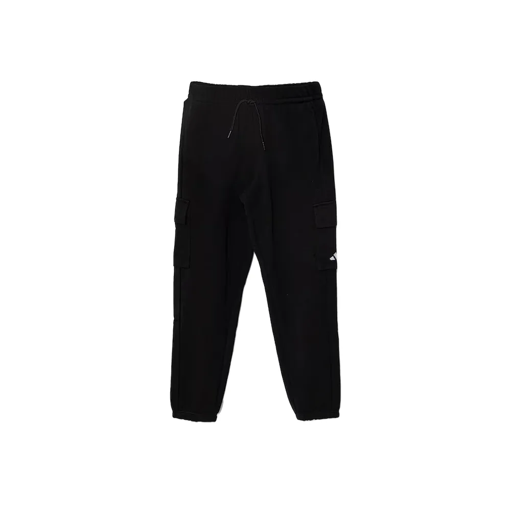 Black White Adidas kids' pants, вид спереди, черный дизайн с белой эмблемой и карманами