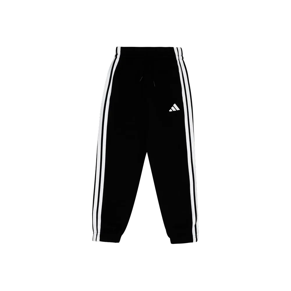 Детские брюки Adidas Black, фронтальный ракурс, с белыми полосками и лого на бедре